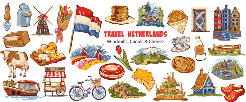 Netherlands Travel Cartoon Set with windmills, canals, cheese, tulips, bicycle, cow, milk, waffles, clogs and Dutch houses. Culture icons for Netherlands Travel, cartoon vector illustration.