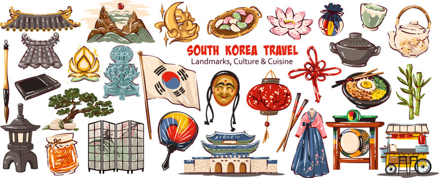 Netherlands Travel Cartoon Set with windmills, canals, cheese, tulips, bicycle, cow, milk, waffles, clogs and Dutch houses. Culture icons for Netherlands Travel, cartoon vector illustration.