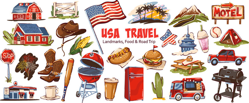 Thailand Travel Cartoon Set with temples, elephant, tuk tuk, flag, noodles, fruit, boat, Buddha statue, beach, lotus and mask. Culture icons for Thailand Travel, cartoon vector illustration.