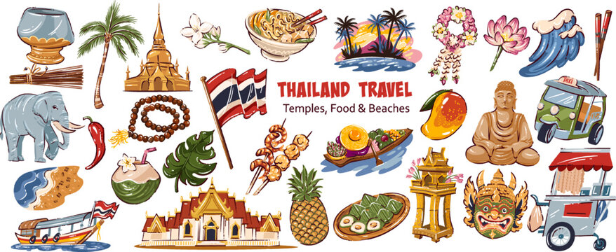 Thailand Travel Cartoon Set with temples, elephant, tuk tuk, flag, noodles, fruit, boat, Buddha statue, beach, lotus and mask. Culture icons for Thailand Travel, cartoon vector illustration.