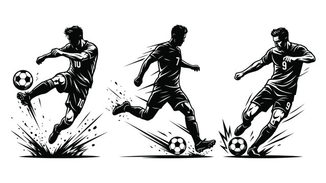 Dynamic Soccer Player Silhouettes in Action Striking and Kicking Ball Vector Illustration Set