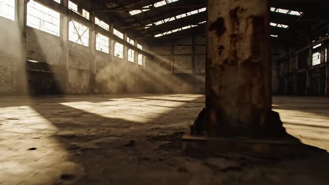 Empty abandoned industrial warehouse interior with sunlight rays streaming through high windows, creating shadows and dust haze on a concrete floor in a derelict factory hall.