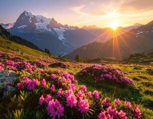 Obraz premium Sunlit mountain meadow bursting with vibrant pink rhododendrons at sunrise.
