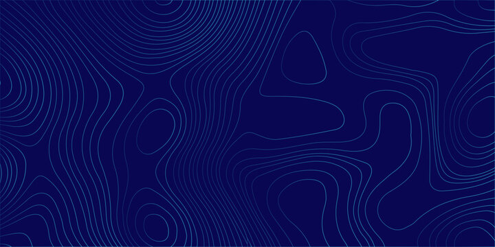 Blue topographic map abstract background with thin contour lines representing geographic terrain elevation gradients. A professional dark blue abstract vector background, topographic contour lines.