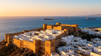 Fototapeta premium Aerial perspective of the historic Tangier Kasbah at golden hour, featuring fortified ancient walls enclosing traditional white Moroccan houses overlooking the sea and vast sky copy space