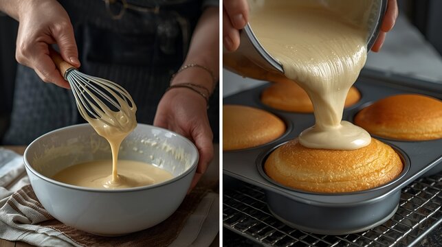 Homemade sponge cake baking process, mixing batter, pouring cake mixture
