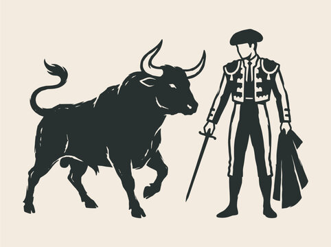 Vintage Spanish matador and bull silhouette, traditional bullfighter with sword and cape vector, classic bullfighting cultural illustration