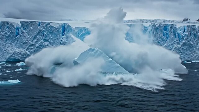 Arctic glacier calving event with massive blue ice wall breaking into deep ocean water under overcast sky, showing global warming impact and glacial retreat in polar region.
