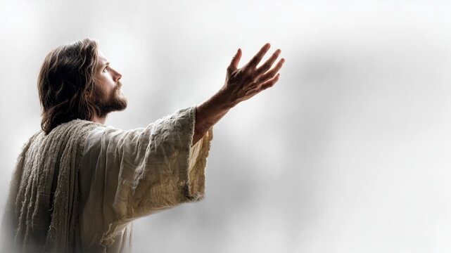 Jesus speaks with open hands in a moment of prayer and reflection