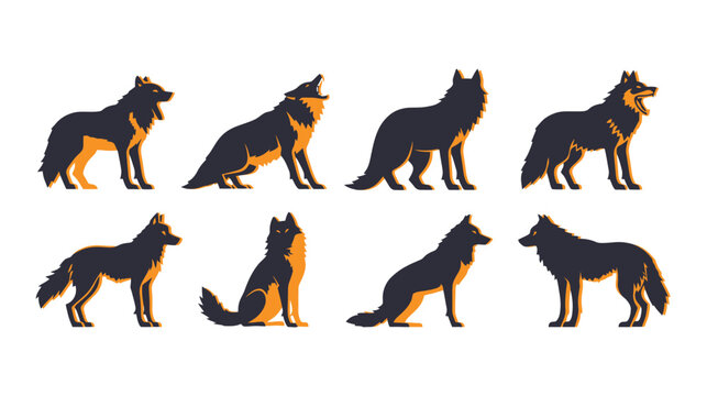 Minimalist wolf silhouette collection, set of 8 wild dog vector icons, howling and standing timber wolf illustrations for outdoor branding and logos