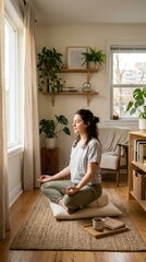 Fototapeta premium Young woman sitting in a tranquil home, practicing yoga meditation for mental wellness, peaceful deep breathing, spiritual balance, serene atmosphere, healthy lifestyle, self care
