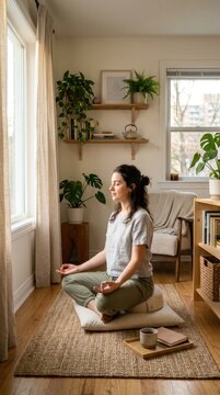Young woman sitting in a tranquil home, practicing yoga meditation for mental wellness, peaceful deep breathing, spiritual balance, serene atmosphere, healthy lifestyle, self care