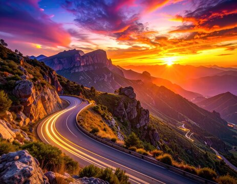 A winding mountain road is illuminated by a vibrant sunset.
