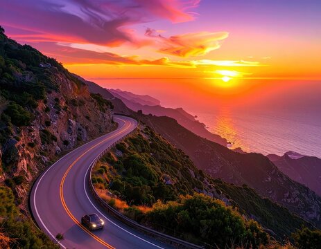 A winding road hugs a cliffside overlooking the ocean at sunset.