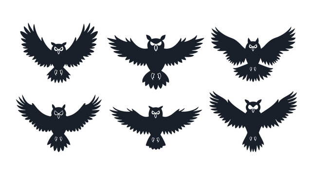 Black owl silhouette collection, set of 6 flying bird icons with spread wings, nocturnal predator vector graphics for logo design and branding