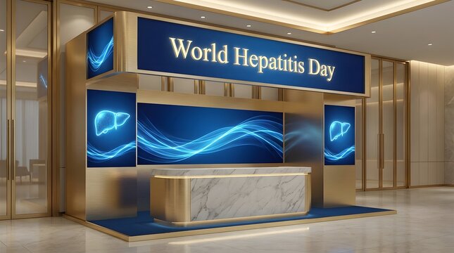 Modern exhibition booth for world hepatitis day with golden accents and glowing liver graphics