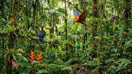 Obraz premium A vibrant tropical rainforest scene with a toucan, macaw, and various other birds in flight, surrounded by lush greenery and dense foliage.