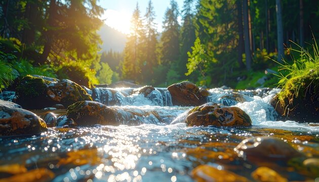 A serene mountain stream flows over moss-covered rocks bathed in golden sunlight.