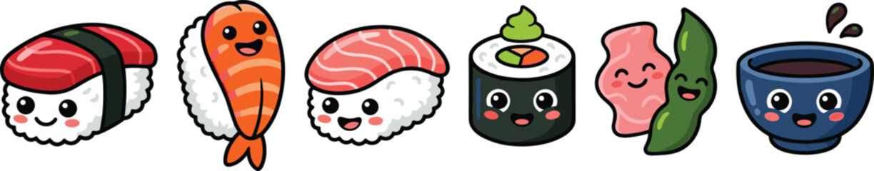 Cute Japanese Sushi Cartoon Character Vector Illustration Set with Nigiri, Maki, Edamame, Ginger, and Soy Sauce for Kawaii Food Designs © Lota
