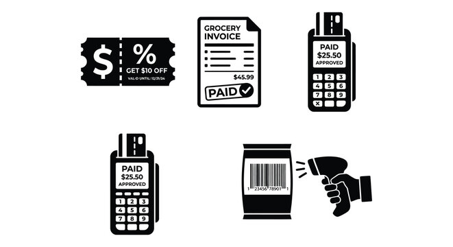 Retail Icons Set Coupon Invoice Card Machine And Barcode Scanner