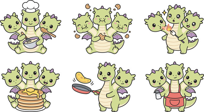 Cute three headed green baby dragon chef vector sticker set cooking baking and eating food elements