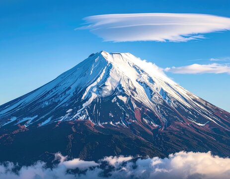 Iconic snow-capped Mount Fuji under a clear blue sky with lenticular clouds.