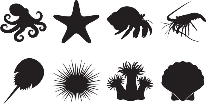 Marine Invertebrates Silhouette Vector Icon Set Featuring Octopus Starfish Hermit Crab Lobster and Horseshoe Crab
