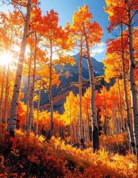Aspen trees with vibrant orange and yellow leaves in autumn sunlight