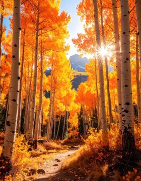 A sun-drenched path winds through an autumn aspen grove with vibrant orange foliage.
