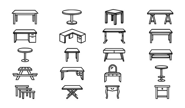 Tables, desks, workstations and furniture line icons set