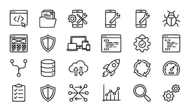 Software development, programming, coding and technology line icons set