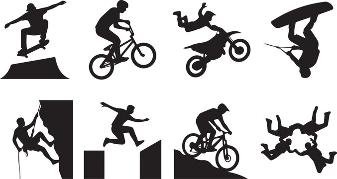 Extreme Sports and Outdoor Adventure Silhouette Vector Icon Set Featuring Skateboarding Biking Motocross Climbing and Skydiving