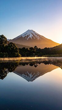 Majestic snow-capped mountain perfectly reflected in a calm lake at sunrise.