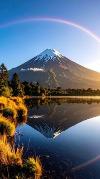 A snow-capped mountain reflects perfectly in a calm lake under a vibrant rainbow.