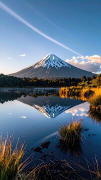 A majestic snow-capped mountain reflects perfectly in a still lake at sunrise.