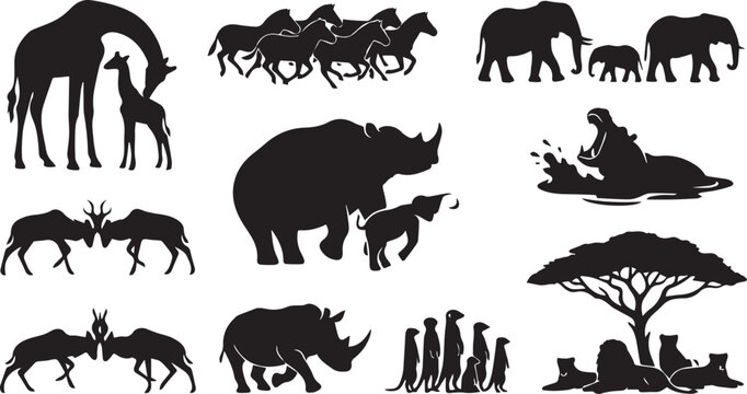 African Safari Wildlife Silhouette Vector Icon Set Featuring Giraffe Elephant Rhinoceros Hippo Zebra and Lions