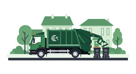 Obraz premium Green Garbage Truck Collecting Waste Bins in Suburban Neighborhood Flat Illustration