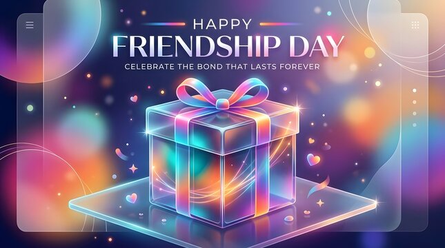 Happy friendship day gift box with bow on glass pedestal background bright glowing lights.