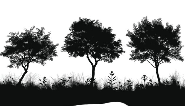 Trees standing in a field are depicted as black silhouettes against a clean background to provide an evocative and naturalistic scene that serves as a flexible graphic asset for seasonal branding.