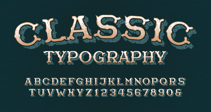 Classic typography alphabet font. Faded letters and numbers with a scratched dirty surface. Vector typescript for old signage, label design, headline lettering, and western badge sets.