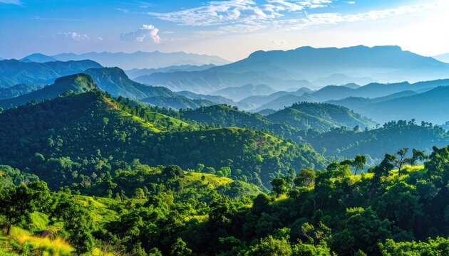 A panoramic view of lush green mountains under a clear blue sky.