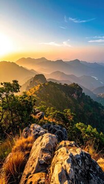 Golden hour illuminates rolling mountain ranges with lush green slopes and rocky foreground.