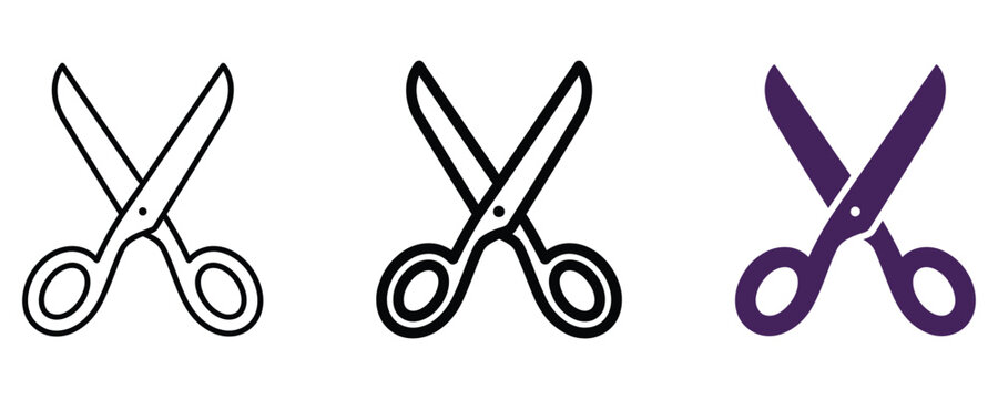 Set of three open scissor tool icons in line and solid vector format with scissors stationary equipment illustration silhouette minimalist education instrument hardware creative activity