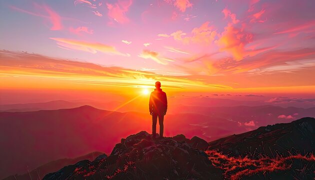 A lone figure stands silhouetted against a vibrant, fiery sunset from a mountain peak.