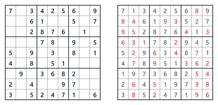 Sudoku puzzle 9x9 easy level for adults printable with answers A4