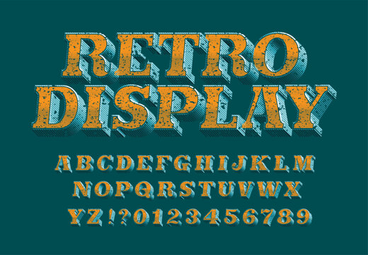 Retro display alphabet font. Faded distressed letters and numbers with a dirty scratched surface. Vector typescript for old signage, label design and headline lettering.