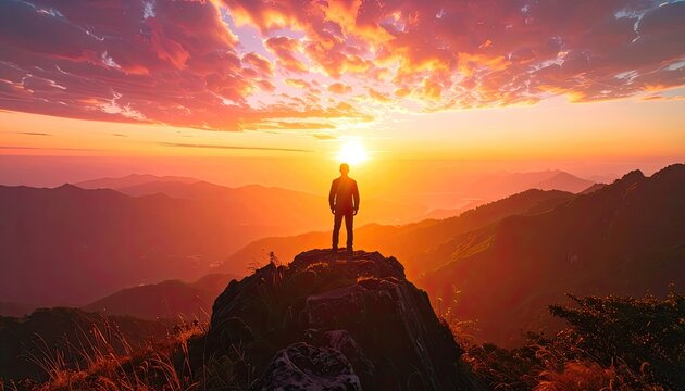 A lone silhouette stands atop a mountain peak, gazing at a breathtaking sunset over a range of hills.
