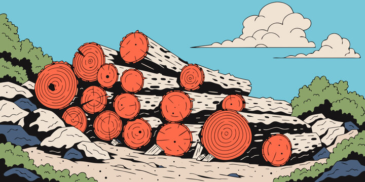 Stack of freshly cut tree logs in a forest with green trees and blue sky background wooden logs wooden circle wooden stump wooden texture wooden pattern wooden surface wooden material forestry