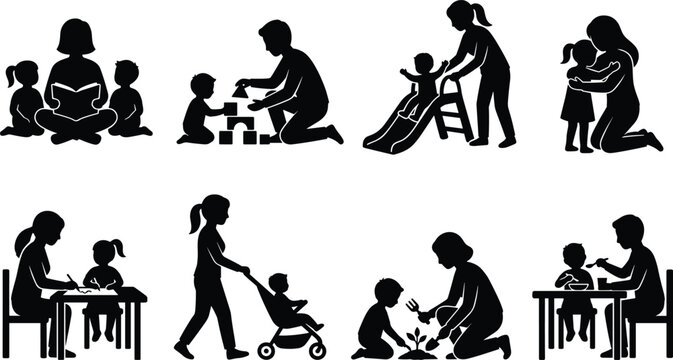 Collection of flat kindergarten silhouettes showing parents and teachers playing with children isolated on white background
