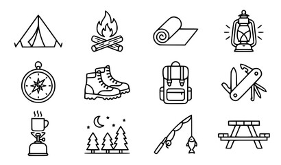 Camping vector icon set with simple bold line art outdoor adventure tent campfire and hiking backpack clip art black and white © Mdsahag